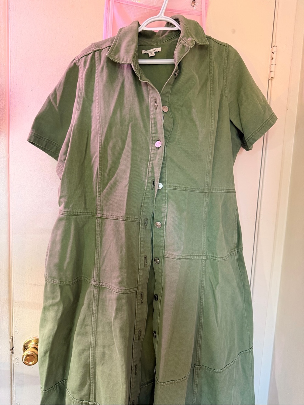 Button-Front Olive Green Short-Sleeve Dress